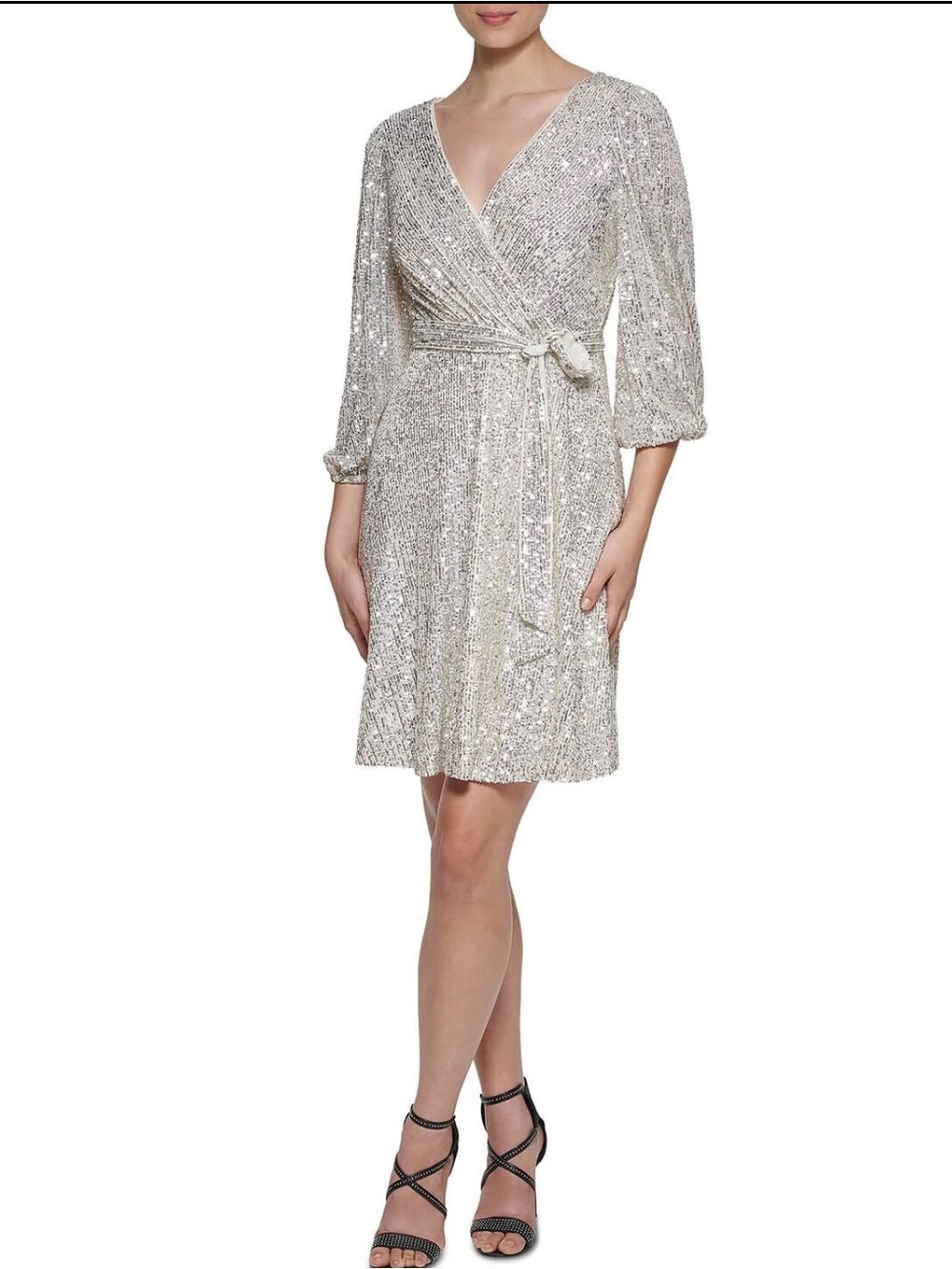 DKNY Silver Sparkle Bling Sequin Long-Sleeve Faux Wrap Dress Plus size 18W